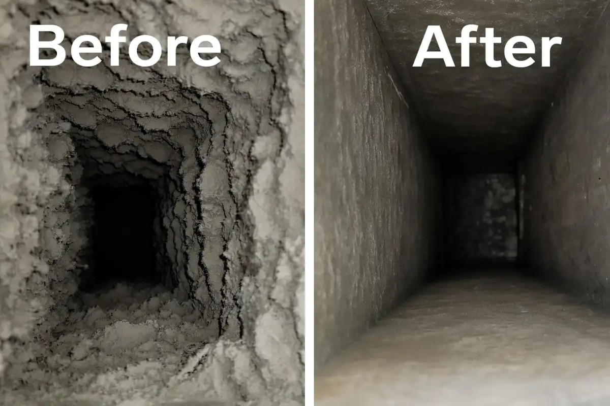 Before and after air duct cleaning showing removal of dust and debris for improved airflow