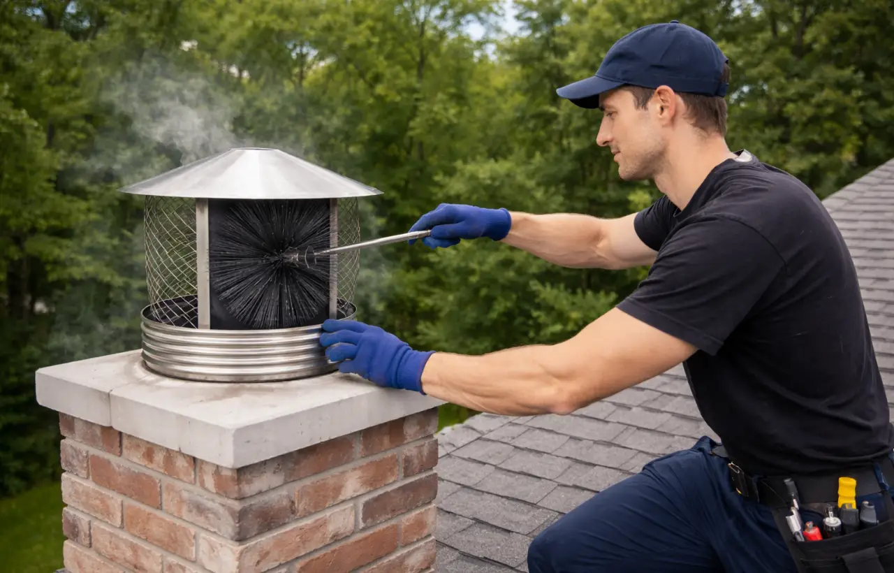 Technician cleaning chimney cap on roof to remove soot and improve ventilation