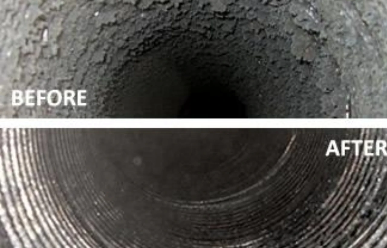 Chimney before and after cleaning showing removal of soot and buildup