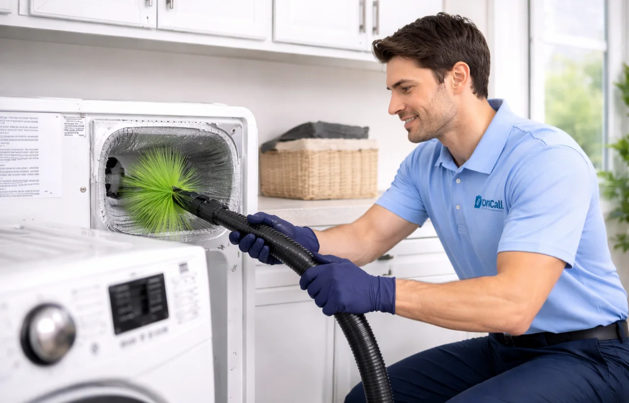 Technician cleaning dryer vent in laundry room removing lint and improving airflow
