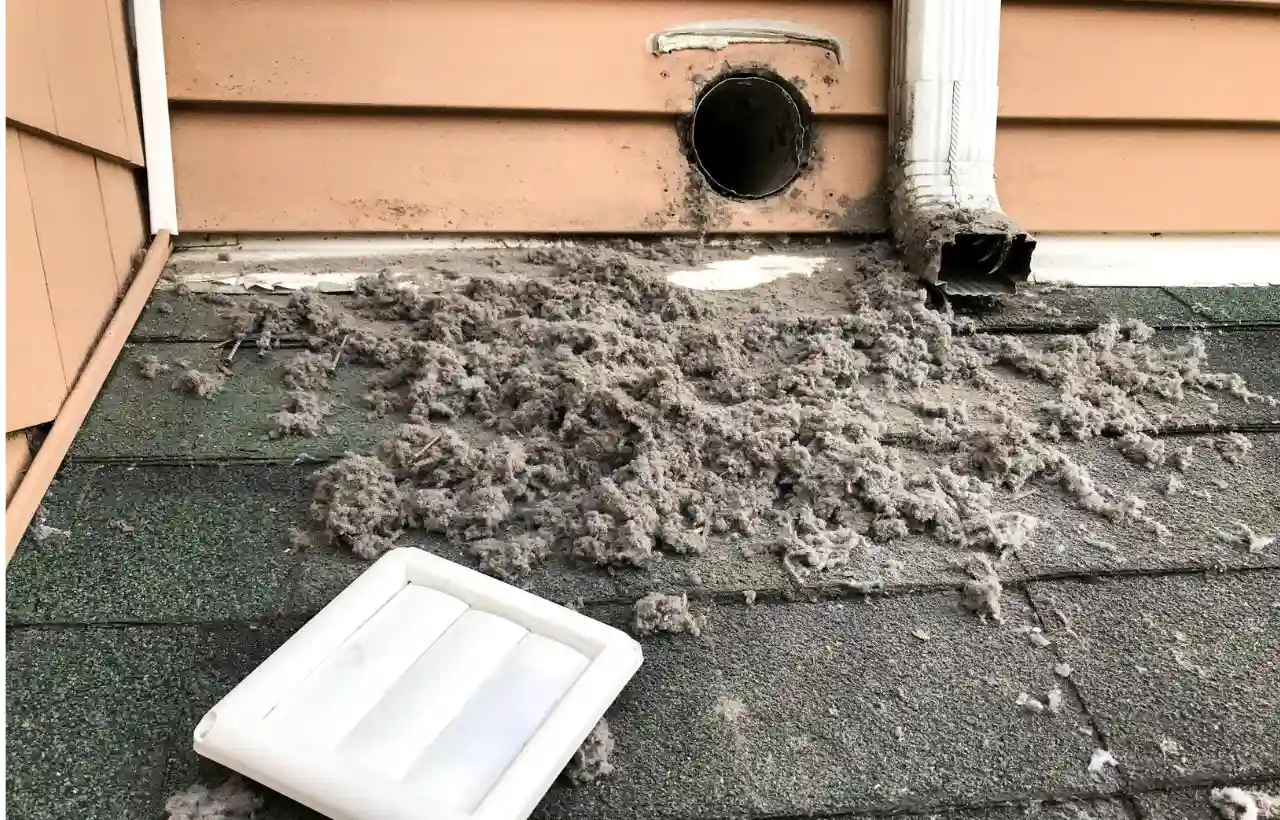Excess lint buildup around outdoor dryer vent showing fire hazard risk