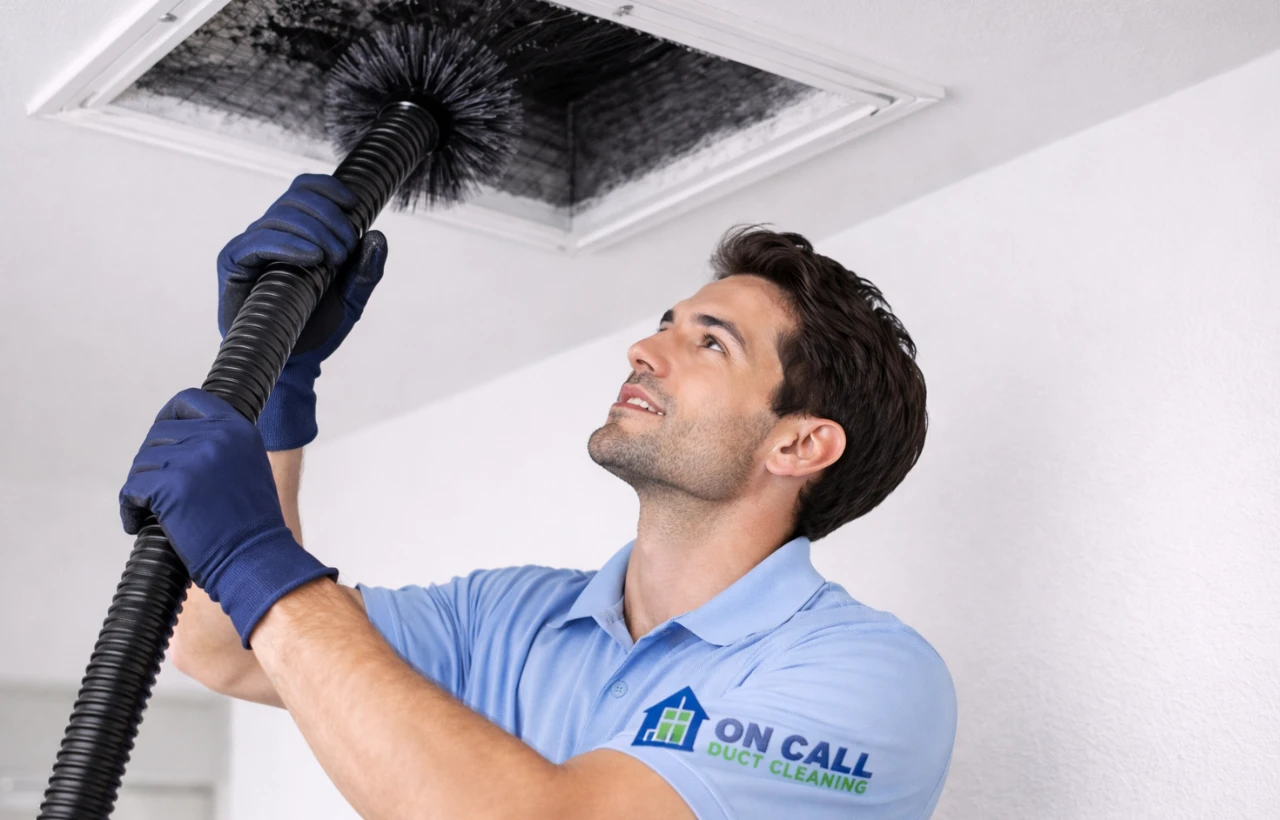 Technician cleaning air ducts with professional equipment showing detailed duct maintenance