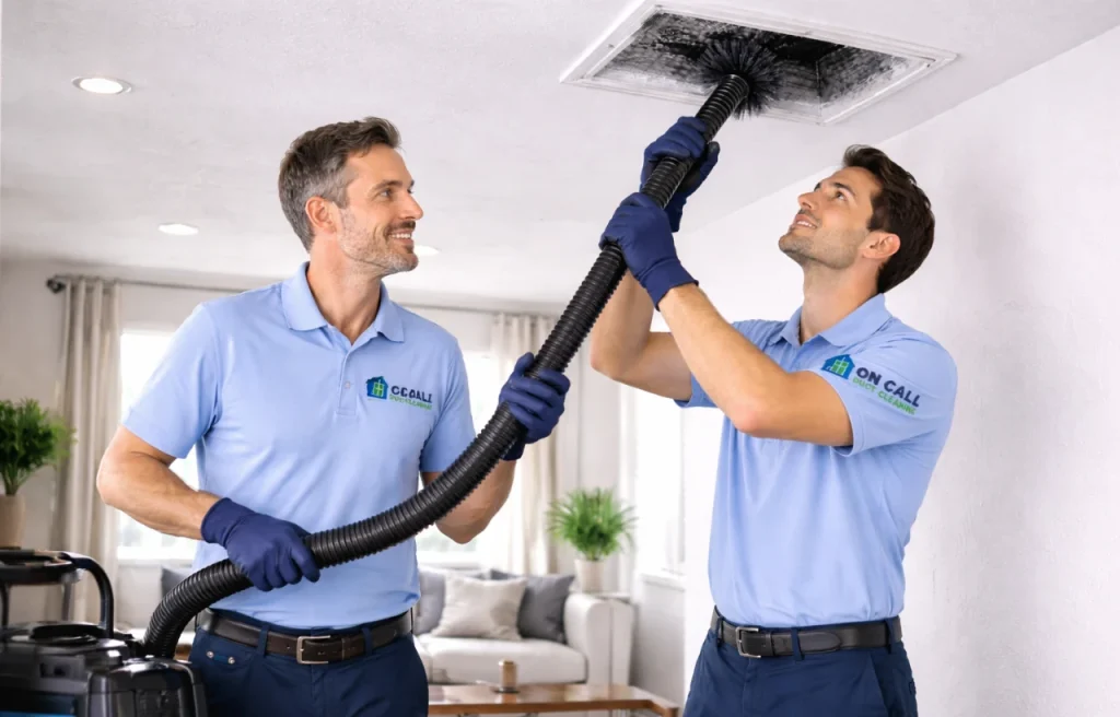 Two technicians cleaning air ducts in a home with one handling the vacuum hose and the other performing duct cleaning