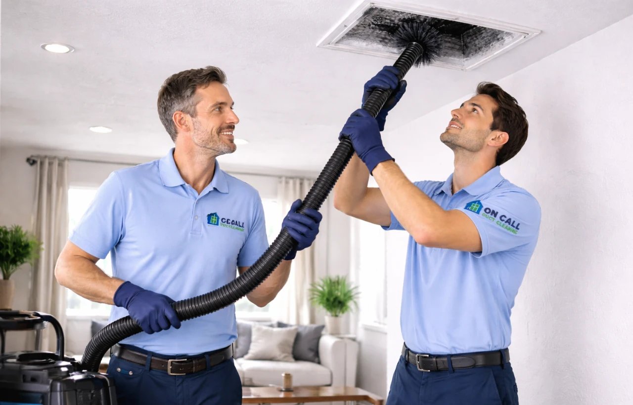 Two technicians cleaning air ducts in a home with one handling the vacuum hose and the other performing duct cleaning