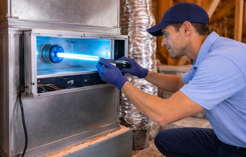 HVAC technician installing UV light system inside ventilation unit
