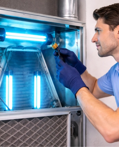 Technician installing UV light system inside HVAC unit for improved air quality