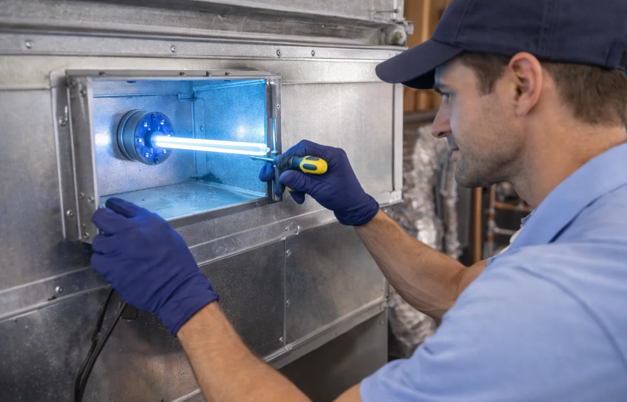 Technician installing UV light inside HVAC system to improve air quality